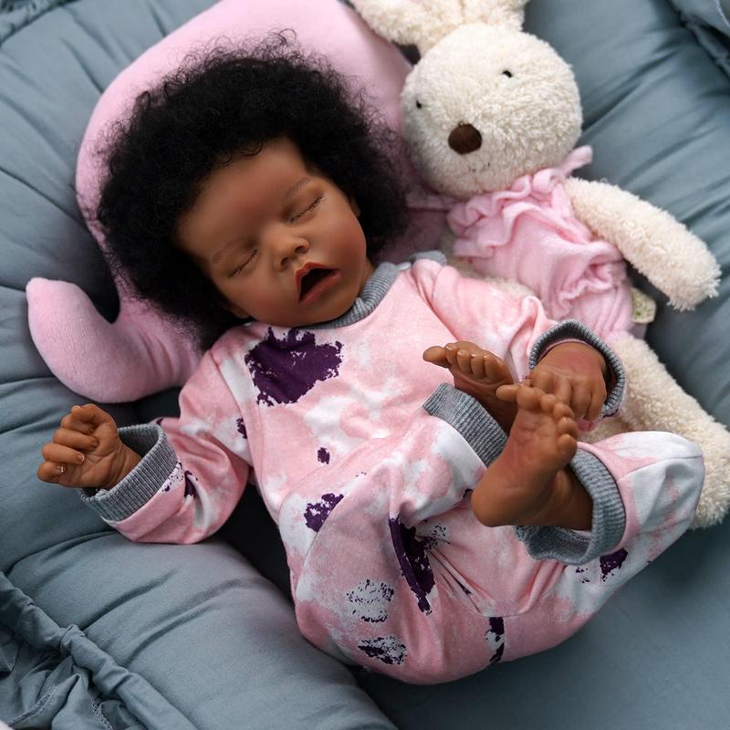 BABESIDE Lifelike Reborn Baby Dolls Black -17Inch Baby-Soft Body & Curls Realistic-Newborn Baby Doll African American Real Life Baby Dolls Cloth Body with Gift Box for Kids