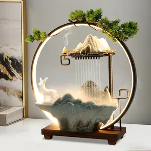 Ceramic Tabletop Water Fountain - Indoor Waterfall Fountain with Incense Holder, LED Light for Home Office Decoration