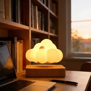 Magnetic Levitation Floating 3D Cloud Lamp with Thunder Lightning Effect 360° Rotating LED Night Light Minimalist Wooden Base Futuristic Ambient Home Decor for Valentine’s Day Gift