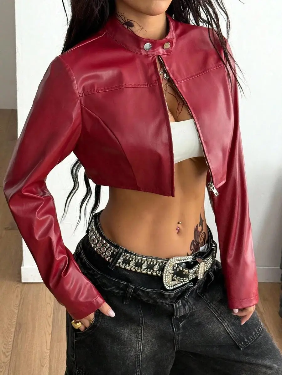 Women's Fall/Winter Streetwear Rave Hippie Athleisure Y2K Basic Leather Comfortable Zip Up Burgundy Slim Fit Crop Long Sleeve Jacket Fall, For Women