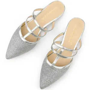 BLISSFUL STEP Glitter Pointed Toe Flats Mules Silver