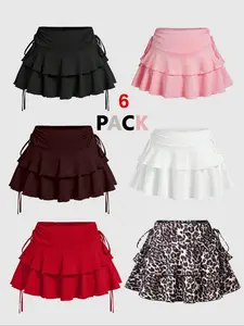 Women's Solid Leopard Print Double Layer Ruffle Trim Skirt, Casual Fashion Short Skirt for Summer, Ladies Bottoms for Daily Outdoor Wear