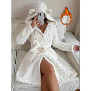 Women’s Coral Fleece Hooded Robe, New Winter Style, Mid-Length Thickened Loungewear, Warm Bathrobe with Ear Design