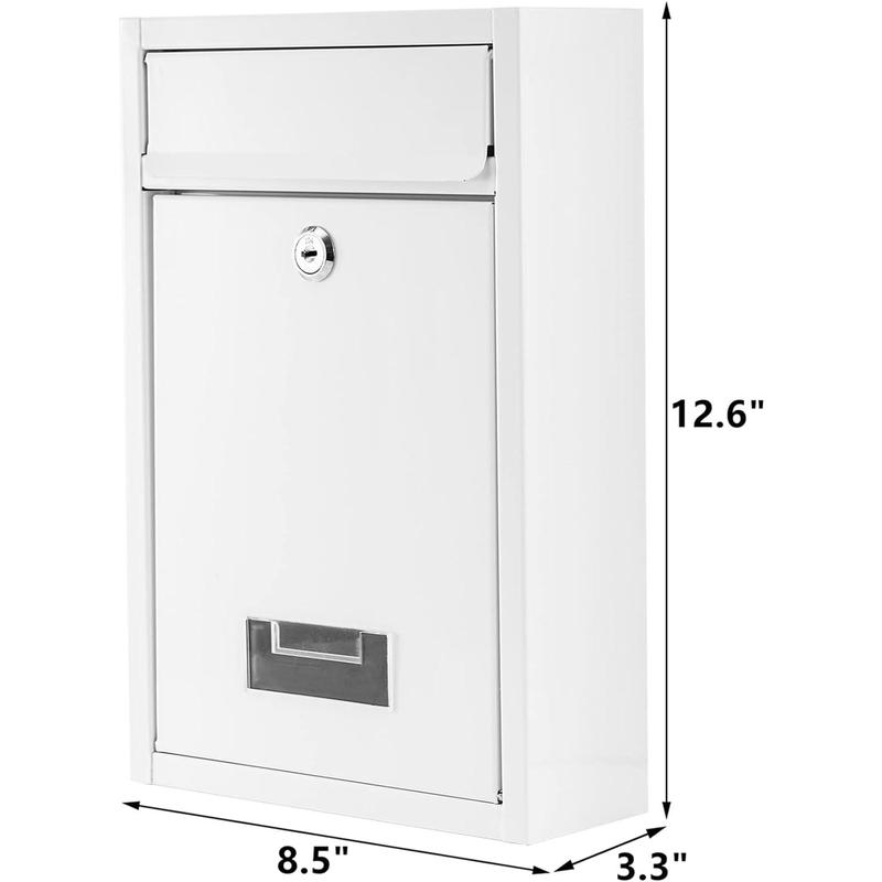 Mailbox with Key Lock, Steel Cover Metal Dropbox for Envelope, Letter, Home, Office Business, White