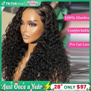 Ready To Wear 30 32 Inch Glueless Wig Curly 5x5 6x4 4x6 HD Transparent Lace Front Wig For Women Brazilian Human Hair Wig Deep Wave Pre-Cut Lace Pre Plucked Natural Hairline Sale Bling Hair 180% TikTokShopHolidayHaul