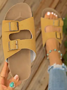 Women's Cream Open Toe Slide Sandals, Suede Upper with Double Gold Buckle Decor, Cork Footbed Flat Platform Design, Comfortable Non-Slip Casual Sandals for Beach, Vacation and Daily Wear