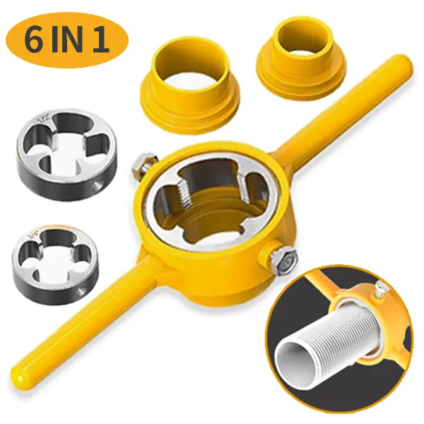 Pipe Threading Tool，6PCS PVC/Plastic Thread Maker Tool Kit Set，DIY Tool With 1”，1/2”，3/4”Inches Pipe Threader Heads，Tap Wrench，Treading Die For Plumbing