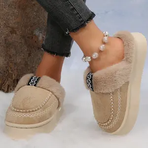 Suede Plush Platform Slippers for Women Stitched Design Warm Fleece-Lined Casual Footwear Indoor Outdoor Shoes
