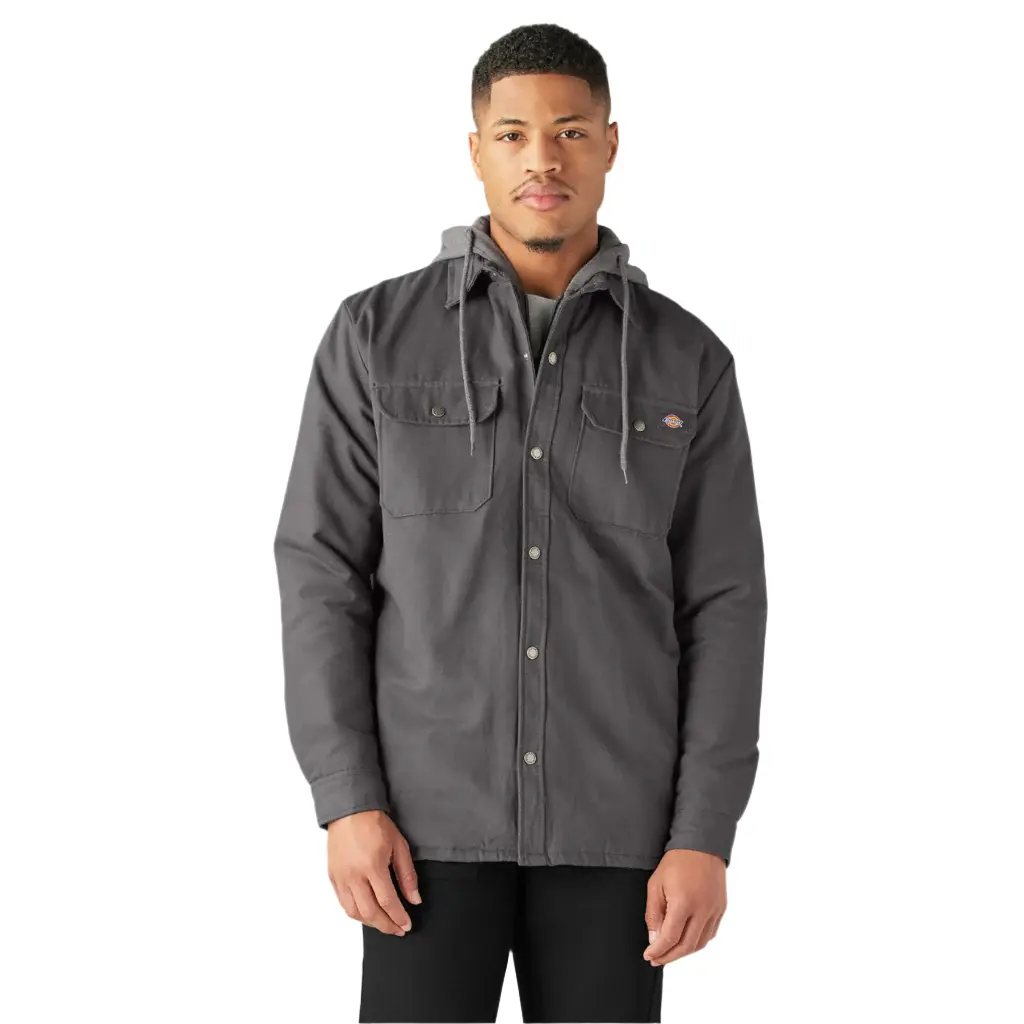Dickies Men's Hooded Duck Shirt Jacket Coats - Hydroshield Grey Menswear, Longsleeves, Durable Jersey Fabric, Soft Fleece, Quilted Liner, Snap Placket, Pocket-Equipped Casual Top