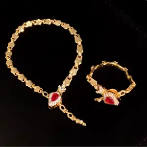 Vintage Serpent Bone Bracelet, Gold Snake Design with Red Diamond Accents, Adjustable Chain, Cute Gift for Her Girlfriend Wife Mother