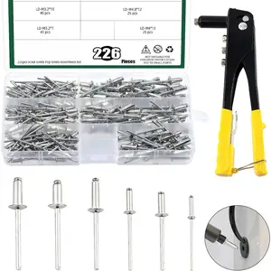 226Pcs Heavy Duty Manual Riveter with 6 Sizes Aluminum Blind Rivets Assortment Kit, M2.4 M3.2 M4 M4.8 Silver Tone Pop Rivets and Hand Rivet Gun Tool for Furniture Automotive Metal Work
