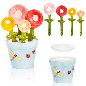 Ceramic Measuring Spoons and Cup Set - 5 Pieces with Flower Design, Includes 1/4 Tsp, 1/2 Tsp, 1 Tsp, 1 Tbsp Spoons and 1 Cup Kitchen Utensils
