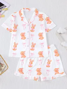 Easter Cartoon Bow Rabbit Print Kids Children Fireproof Pajamas Set, Button Front, Charming Pattern, Casual Short Sleeve Loose Fit Home Wear, Matching Set, Sleepwear, Easter Party, Casual Comfy Pajama, Pajama Outfit