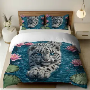 3PCS Duvet Cover Set, 1 Duvet+2 Pillowcases(Without filler), Snow Leopard Water Lily Blue Nature Fantasy theme, Christmas bedding set, Animal Print Floral Design Suitable for decoration Bedroom Living Room Guest Room Hotel.
