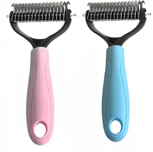 Pet Combs Professional Pet Deshedding Brush 2 Sided Dematting Dog Comb Cat Brush Rake Puppy Grooming Tools Undercoat Shedding Flying Hair(Blue and Pink)