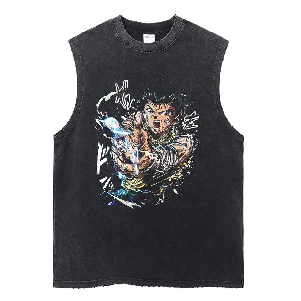 Yu Yu Hakusho Vintage Washed Tank Top, Gym Essential, Vintage Casual Crewneck Short Sleeves Menswear T-shirt Classic Cotton Fabric Streetwear
