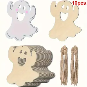 10-Pack Wooden Ghost Shapes for DIY Crafts - Unfinished Wood Cutouts for Painting, Graffiti Art, Wedding, Christmas, Halloween, Easter, Thanksgiving Hanging Decorations, No Feathers, Electricity-Free