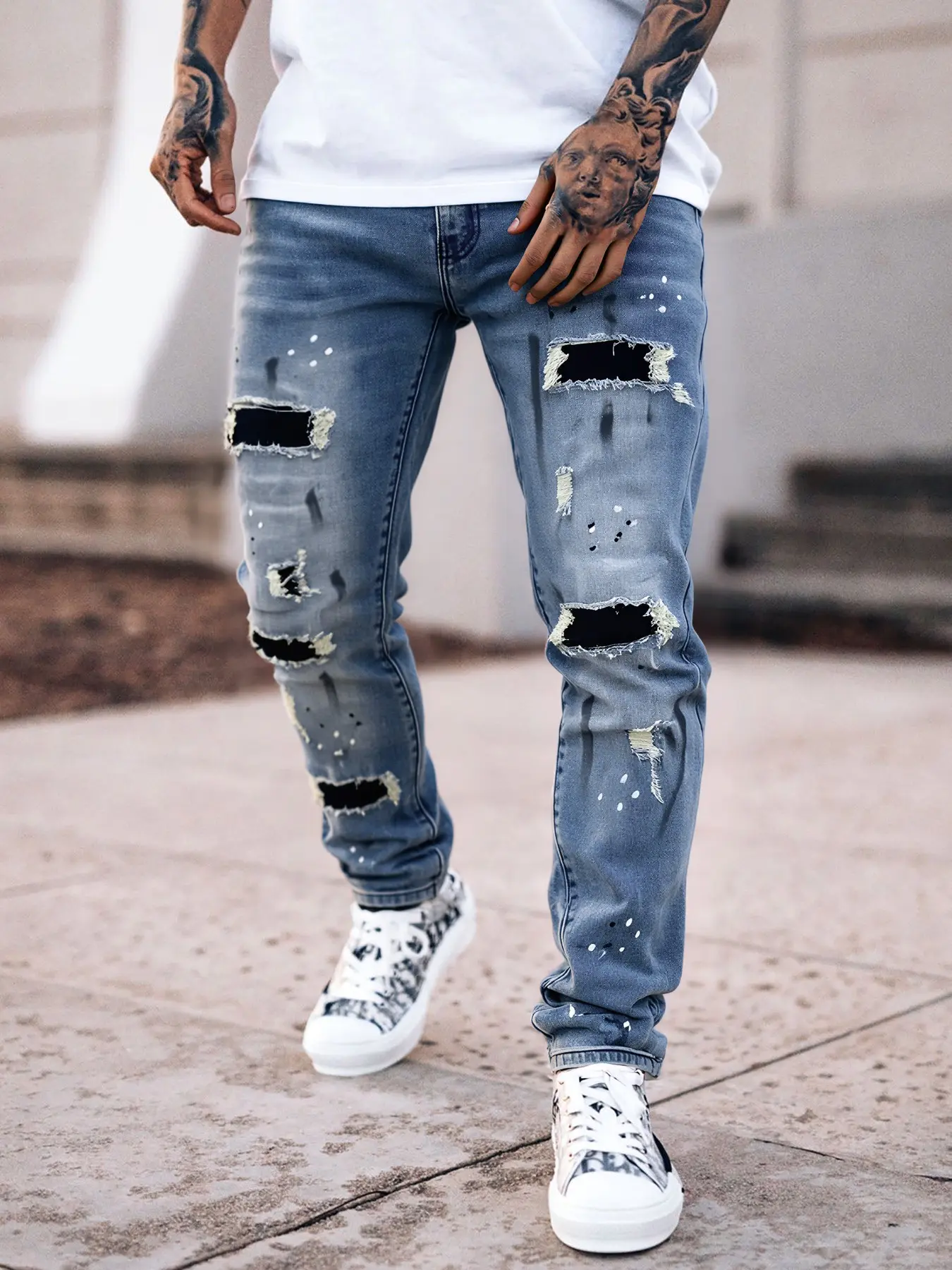Men's Colorblock Ripped Jeans, Washed Cotton Denim Jeans, Fashion Casual Front Button Design, All Seasons Comfort Fit
