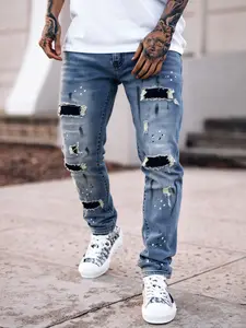 Men's Colorblock Ripped Jeans, Washed Cotton Denim Jeans, Fashion Casual Front Button Design, All Seasons Comfort Fit