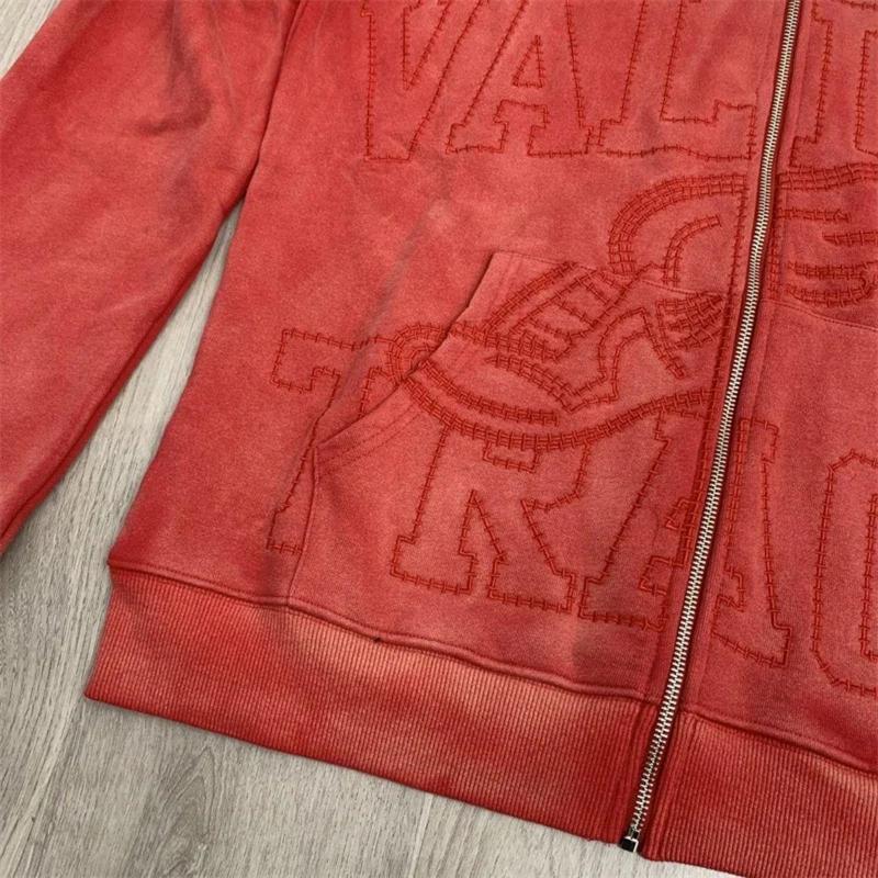 Ebb Supply Red Washed VALLEY Oversized Hoodies Men Women American Pure Cotton Vale Embroidered Logo Zip Jackets Casual Outerwear