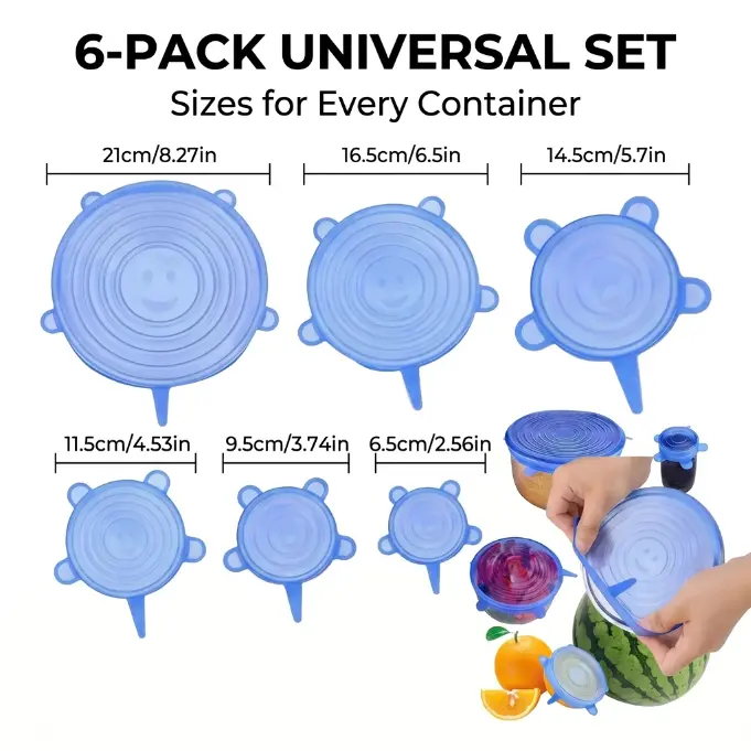 6-Pack Universal Reusable Silicone Lids, Self-Sealing Food Covers Fit Various Container Sizes