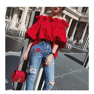 Women Korean Ruffles Off Shoulder Tee Top Puffy Sleeves Red Chiffon Blouse Female Oversize Casual Shirt Lady Chic New