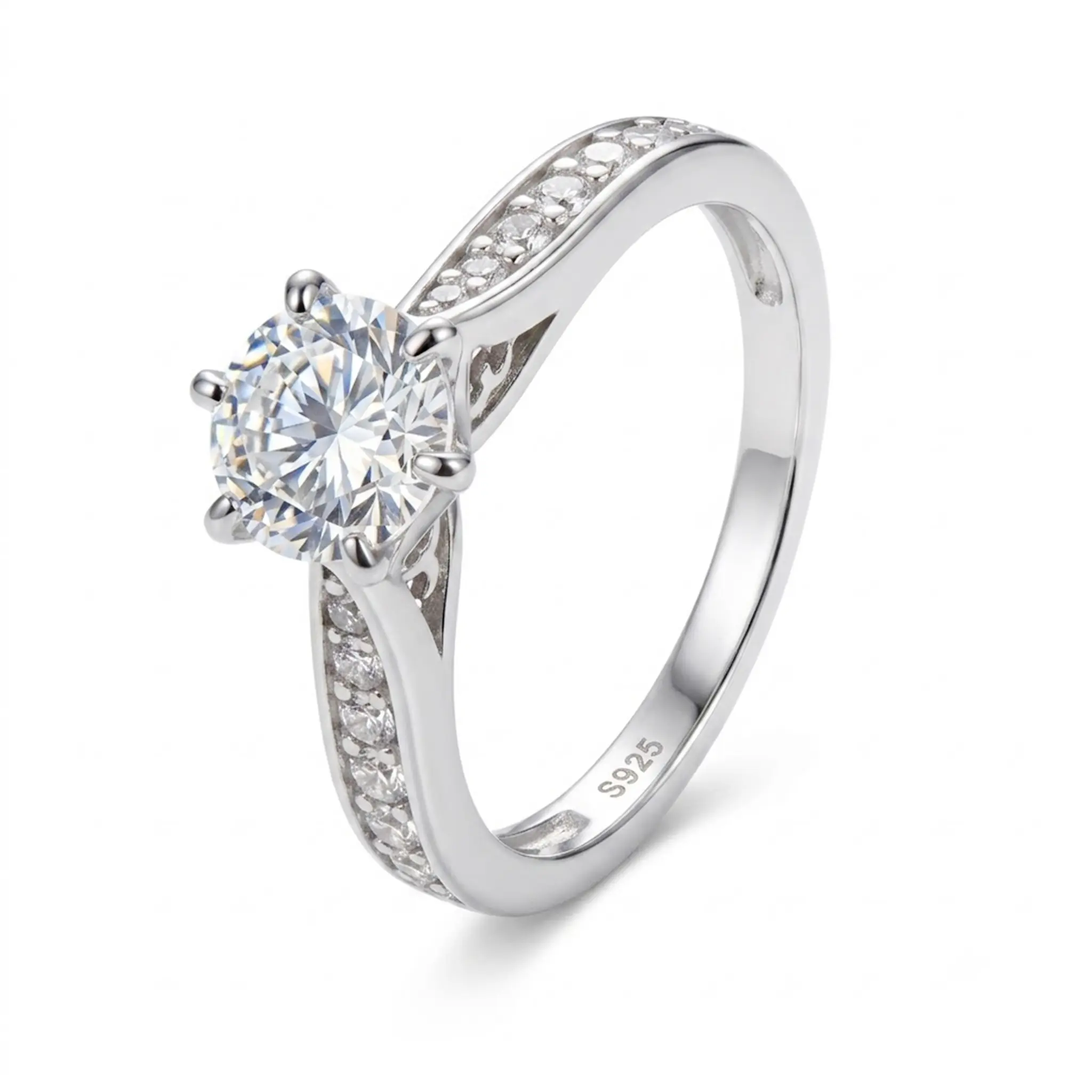 S925 Silver Moissanite Engagement Ring for Women, Classic 6-Prong Round Cut Pavé Wedding Band, High-End Bridal Promise Ring (Sizes 5-9)