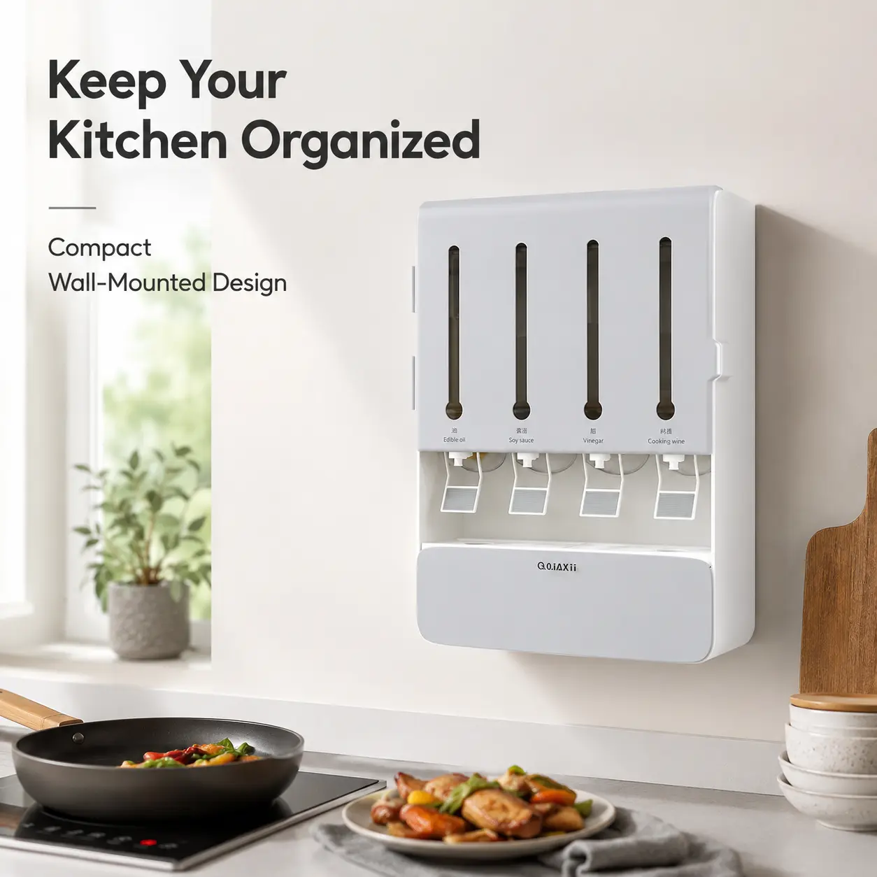 Wall Mounted 4 in 1 Oil Dispenser with Spice Drawer, No Drill Kitchen Condiment Organizer, Press Type Cooking Oil Vinegar Soy Sauce Storage Container