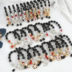 10/20pcs Set of Stylish And Elegant Women'S Black Glass Bead Bracelet Set, Sparkling Cracked Beads Paired with Floral, Butterfly, Fishtail, Star, And Bowknot Pendants. Niche And Design, Ideal for Daily Wear