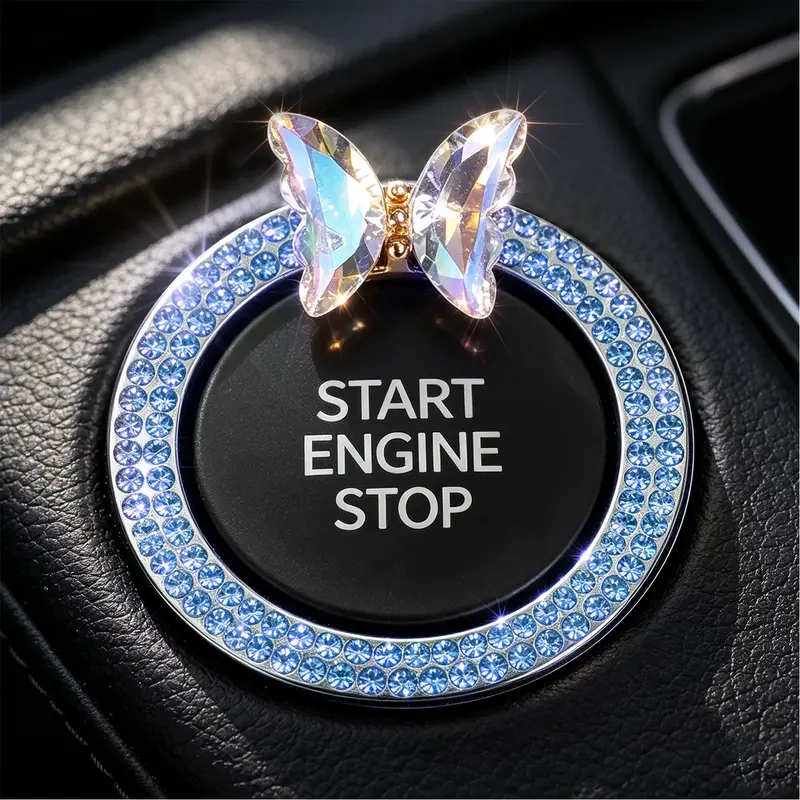 5‑Style Sparkly One‑Touch Start Button Decoration Ring, Alloy Rhinestone Car‑Start Trim Sticker, Easy‑Install Car Interior Bling Decor for Auto Ignition Button