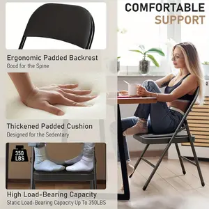 8/4/2 Heavy Duty Black Folding Chair with Upholstered and Backrest - Commercial/Residential Stackable Steel Frame Chair, 350 Lbs Load Bearing, Lightweight Portable Folding Design, Ergonomic Seat Design for Weddings, Parties, Events