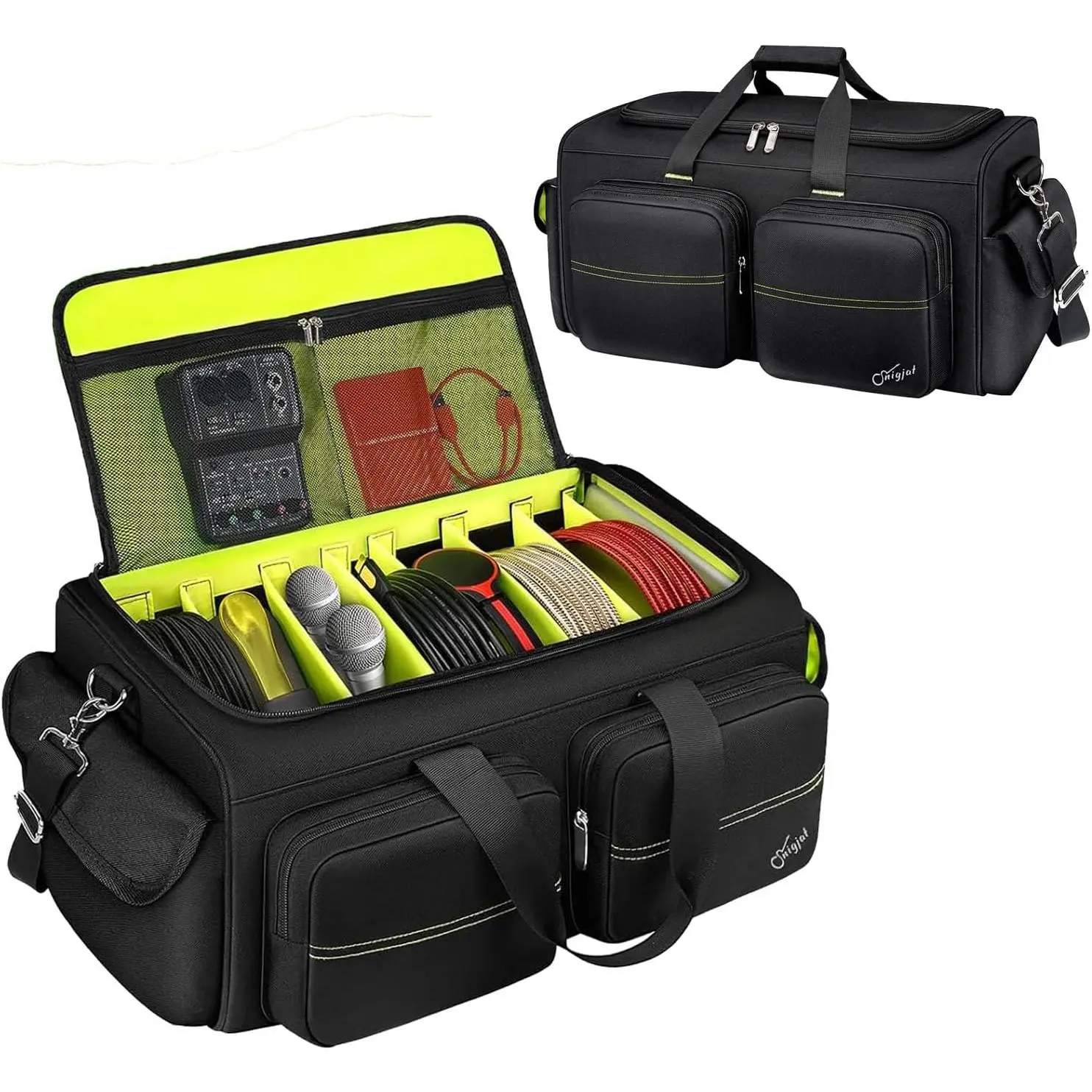 DJ Bag, Large Capacity DJ Cable Bag with 6 Pockets for Extension Cords, Mics, Pedals, Mixer Bag for Musicians, DJ Equipment Gig Bag with Padded Shoulder Strap, Audio Mixer Case