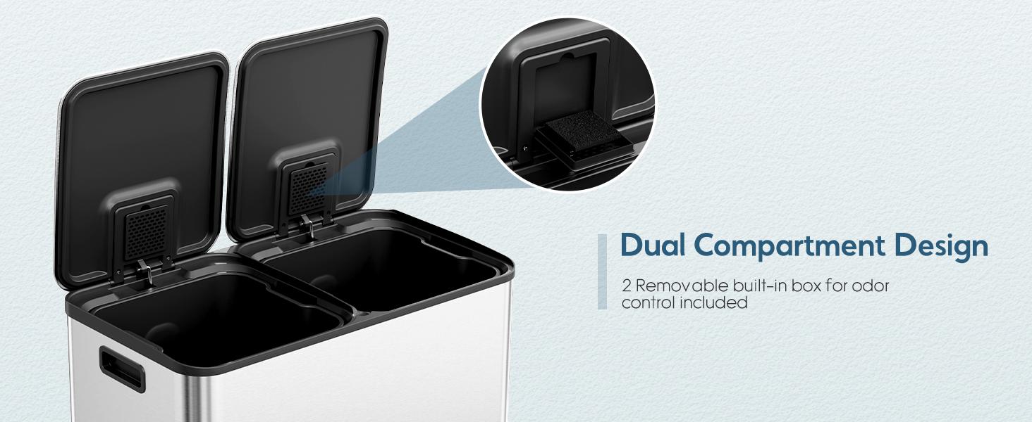 Arlopu 2 x 10.6 Gallon Dual Trash Can with Odor-Control Box, Large Stainless Steel Compartment Garbage can, Step-on Recycle Bin, Soft-Close Lid & Removable Inner Buckets, for Kitchen, Office