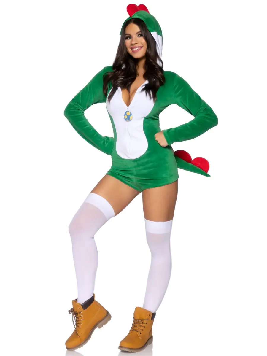 Leg Avenue Women's 1-Piece Comfy Plush Velvet Scalloped Zippered Dino Costume - Green & White, XS, Includes Stuffed Egg, LA Pet Accessories Compatible, with Cheeky Paneled Tail, Women's Clothes