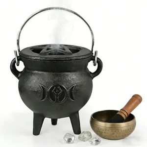 Three-Legged Cast Iron Crucible with Pentagram Decoration, Ritual Use, Includes Handle and Lid, Ideal for Incense Burning and Witch Altar Decor