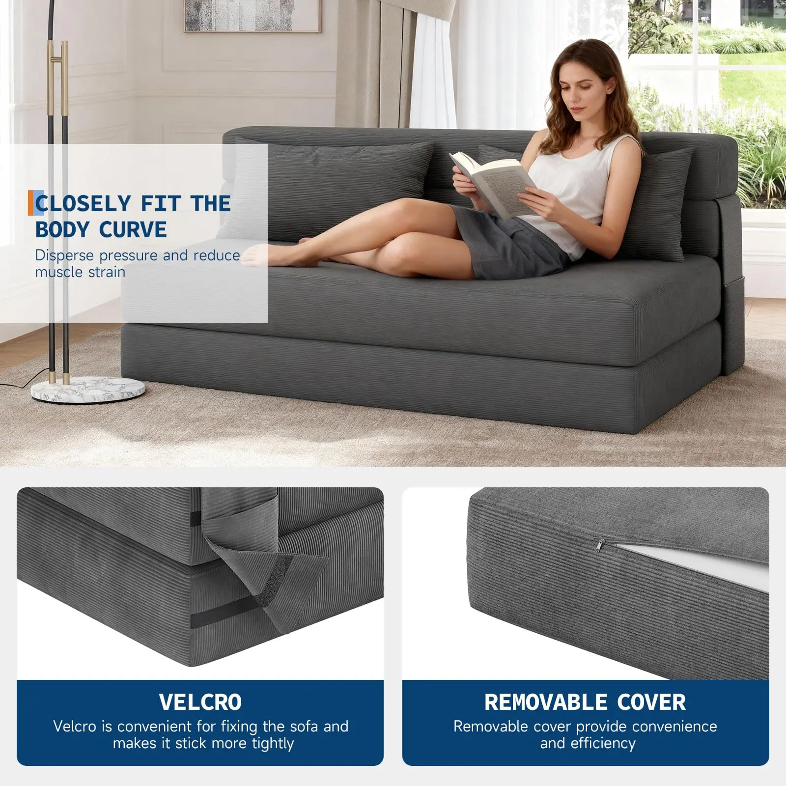 Memory Foam Convertible Sofa Bed Chair, Adjustable Folding Futon Couch with Removable Washable Cover, Corduroy Linen Fabric for Small Space