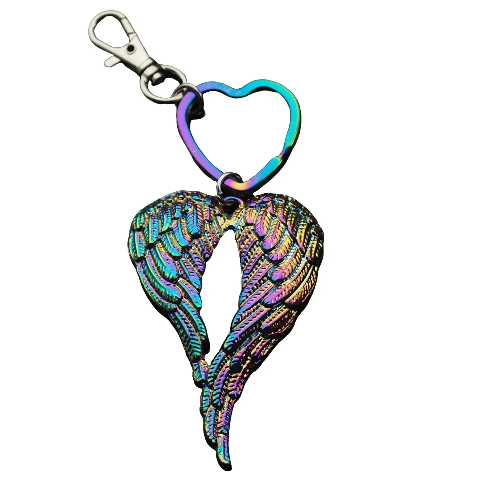 Angel Wings Feathers Rainbow Neon Keychain Pendant Heart Shaped Key Ring Clip