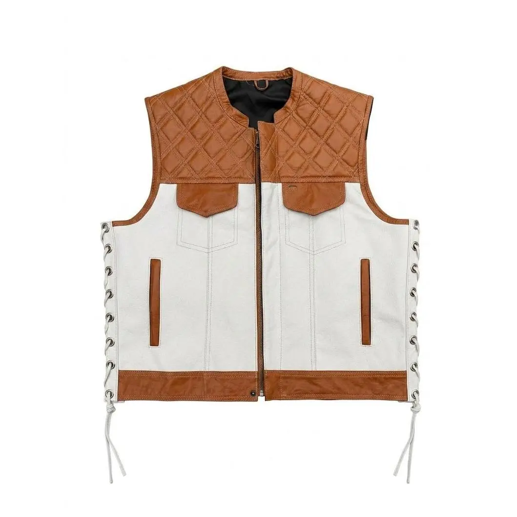 Men Leather Denim Motorcycle Vest Diamond Quilted White Brown Biker Riding Vest