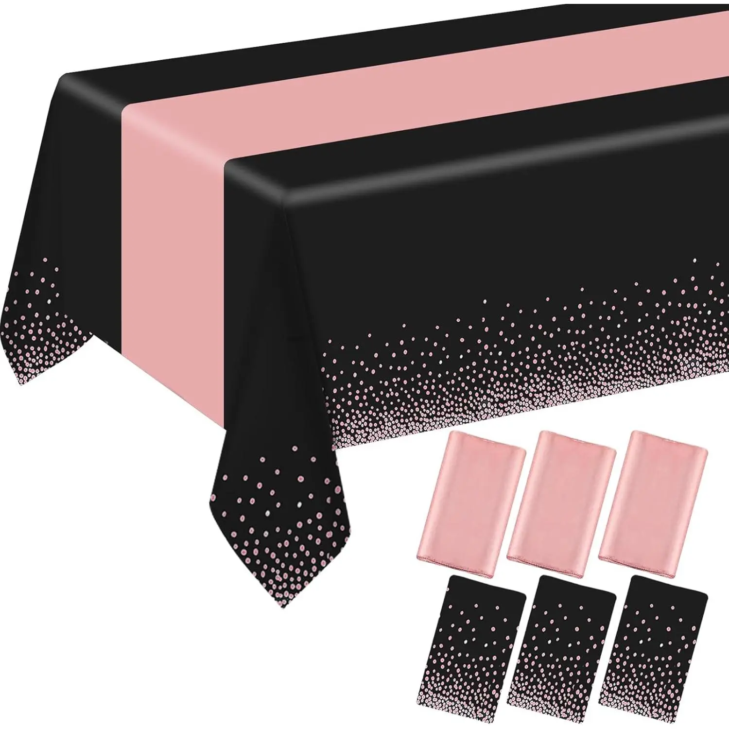6 Pack Rectangle Plastic Dot Tablecloth Set, 54 X 108 Inch Plastic Table Cover, 12 x 108 Inch Satin Table Runners for Wedding Graduation Birthday  Year Party Decorations (Black, Rose )