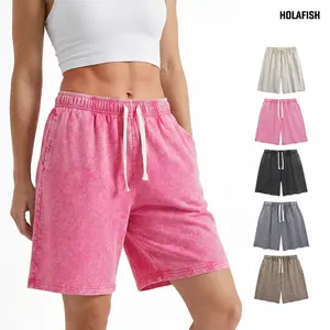 Holafish 1/2Pack Women's Vintage Shorts Acid Washed Cotton Unisex Athletic Casual Wear with Comfort Elastic Waist a Wardrobe Essential for Men and Women