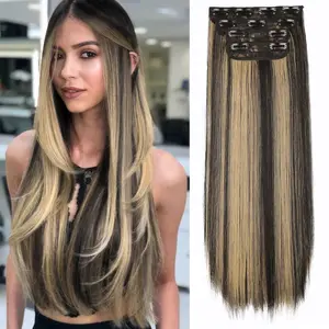 [Vigorous] Black mix Blonde Straight Clip in Hair Extensions 22Inch Hair Extensions for Women 4PCS Long Wavy Synthetic Soft and Natural Hairpieces