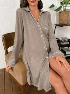 Maternity Casual Loose Turndown Collar Pocket Embroidered Knit Long Sleeve Dress Winter Button Down Nightgown Sleep Wear Women Button Front Long Sleeve Nightgown Women Pajama Dress Loungewear Dress