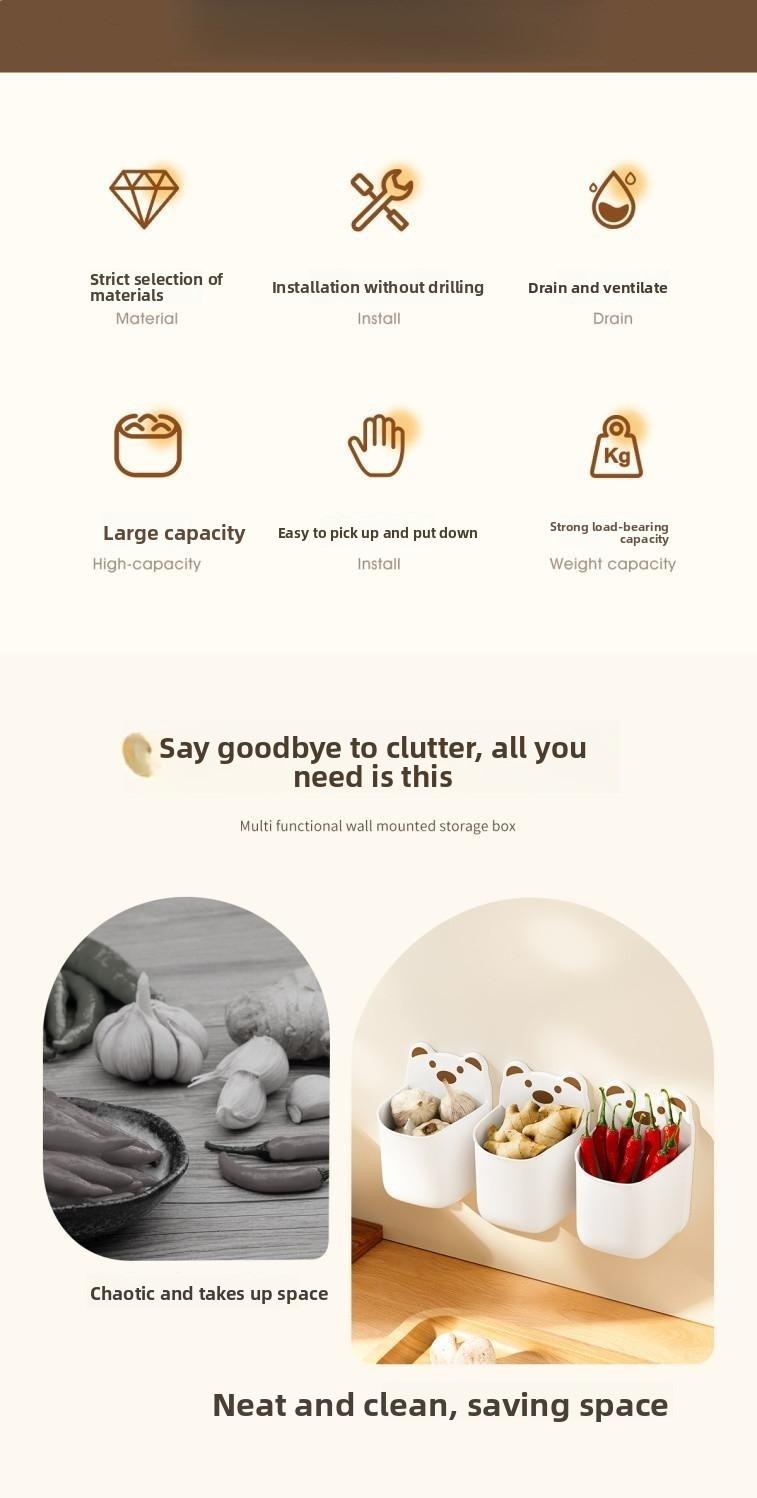 Cartoon wall storage box, ginger, garlic storage wall hanging storage box, storage basket, multi-functional kitchen wall storage rack, no-drilling adhesive hooks