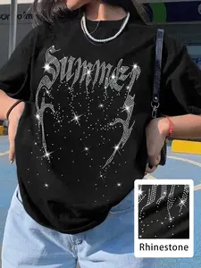 Women's Casual Design Streetwear Loose-Fit Round Neck T-Shirt, Rhinestone Embroidery Star Pattern, Soft Breathable Fabric, Perfect for Daily Wear & Commuting