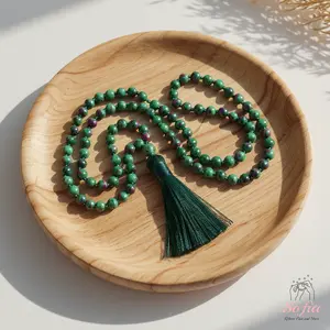 Ruby Zoisite Crystal Mala Bead Necklace - Zoisite Knotted Tassel Necklace - 108 Mala Beads Tassel Rosary - Prayer Necklace