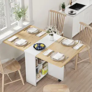 Folding Dining Table, Drop Leaf Dining Table for 4, Foldable Kitchen Table with 2 Storage Shelf, Space Saving Dining Tables for Small Spaces, Movable Kitchen Table with 6 Wheels