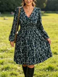 Plus Size French Wrap Dress, V Neck Blue Floral Print, Waist Cinching, Lantern Sleeve, Pleated Hem, Elegant Office Casual Wear