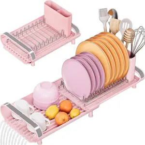 Compact Extendable Dish Drying Rack - 11"-19.3"L x 7.7"W x 3.54"H, Food-Safe Stainless Steel, Space Saving Design, Adjustable & Detachable Cutlery Holder, Eco-Friendly Plastic Parts  Organiser, Plastic, Rubber, Drawer, Fitting, Adjustable, Black.