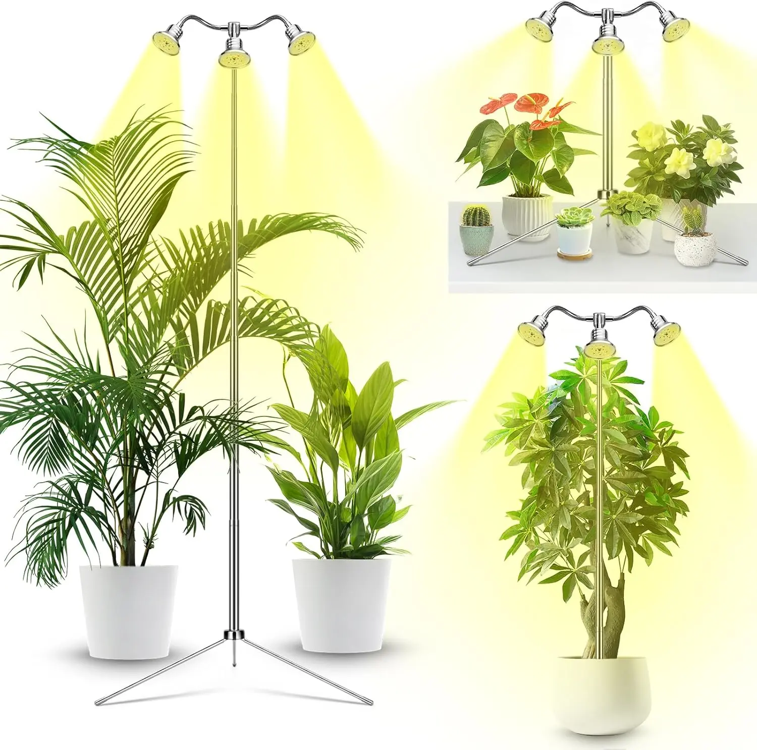 Full Spectrum Indoor Grow Light for Indoor Use, Adjustable with 360° Rotatable Heads, Timer Control, 15-62" Height Aluminum Alloy Tripod Stand, Auto On/Off, Detachable Parts, for Greenhouses & Seed Starters