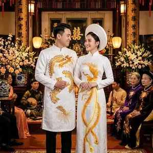 Vietnamese Wedding Ao Dai ( embroidery ao dai ) Vietnamese Size /  Bridal Dress , Couple Wedding Ao Dai/ Women Ao Dai / White Ao Dai